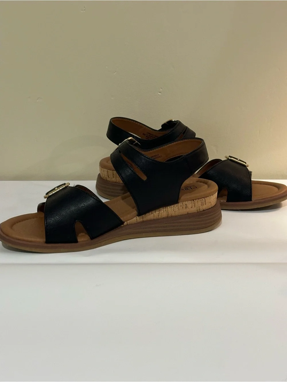 Black Buckle Comfort Wedge Sandals